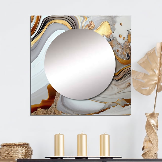 Designart "White And Gold Marble Abstraction VII" Modern Transitional Square Mirror For Wall Decor - Large Gold Square Mirror Printed Wall Decor - Transitional Square Living Room Mirror