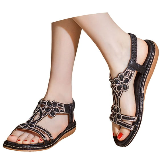 IUJSOY Womens Sandals Open Toe Boho Rhinestone Comfortable Slingback Flats Non-Slip Beach Shoes