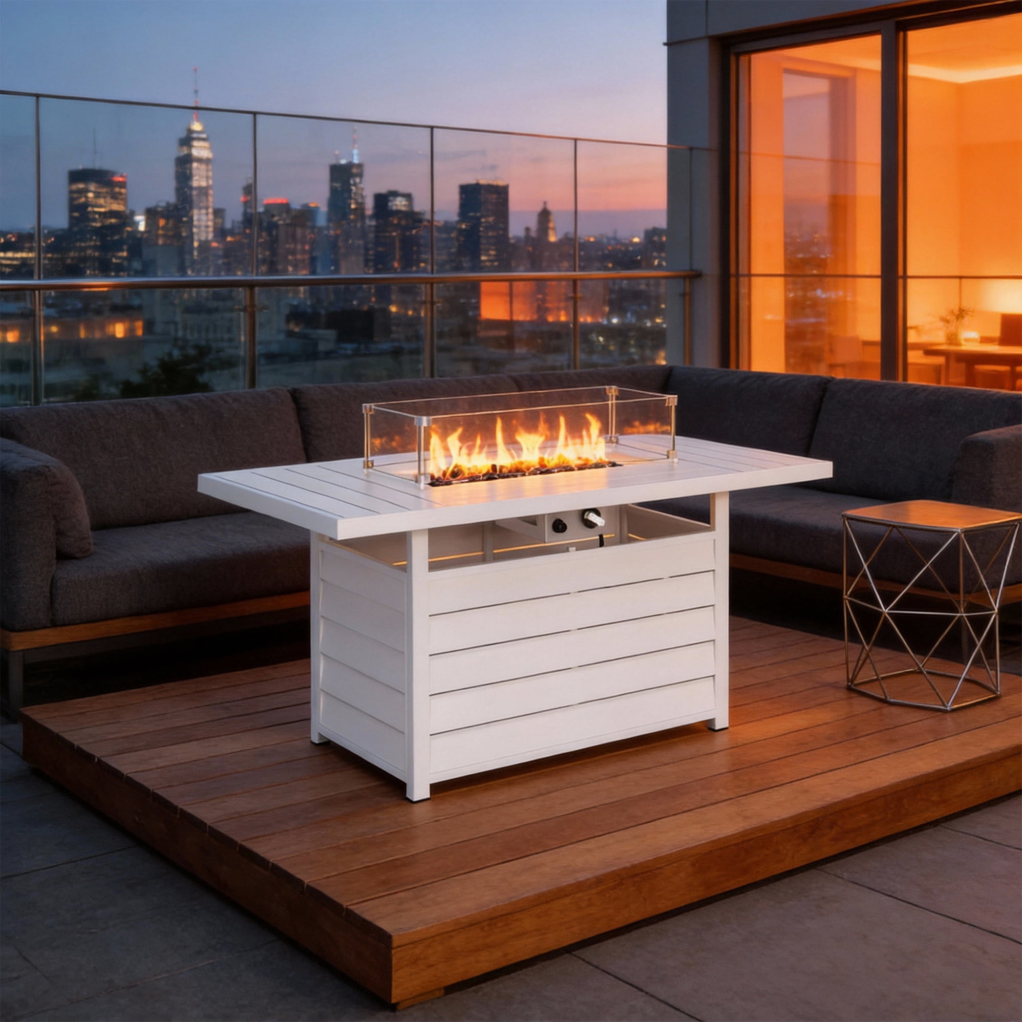 KIOOTTO 54" Outdoor Propane Fire Pit Table, 50,000 BTU Aluminum Gas Fire Table with Glass Wind Guard & Cover, CSA Certified, White