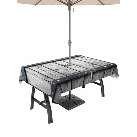 60x120 Inch Outdoor Tablecloth with Umbrella Hole Zipper Rectangle Grey Wood Grain Rectangular Tablecloths Outside Waterproof Country Vintage Barn Door Rustic Lodge Patio Table Cover for Picnic Party