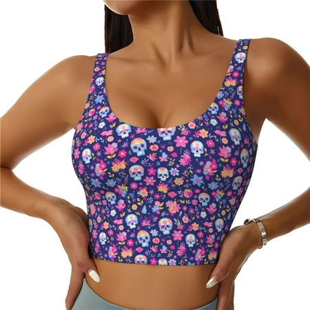 Daiia colorful Skull butterfly flower1 Printed Women s Sports Bra  Breathable Activewear Bra with U-Back Design and Removable Pads  Comfortable and Supportive for Yoga  Workout-Medium