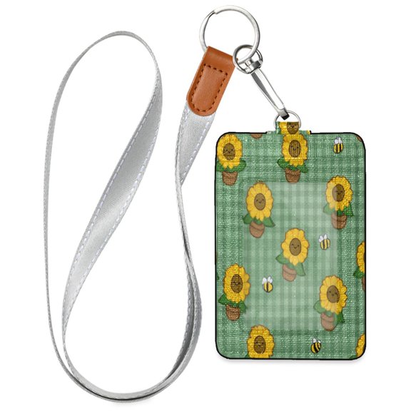 PU Leather Badge Holder Lightweight ID Card Holder with Window Pocket Sunflower Flower Pot