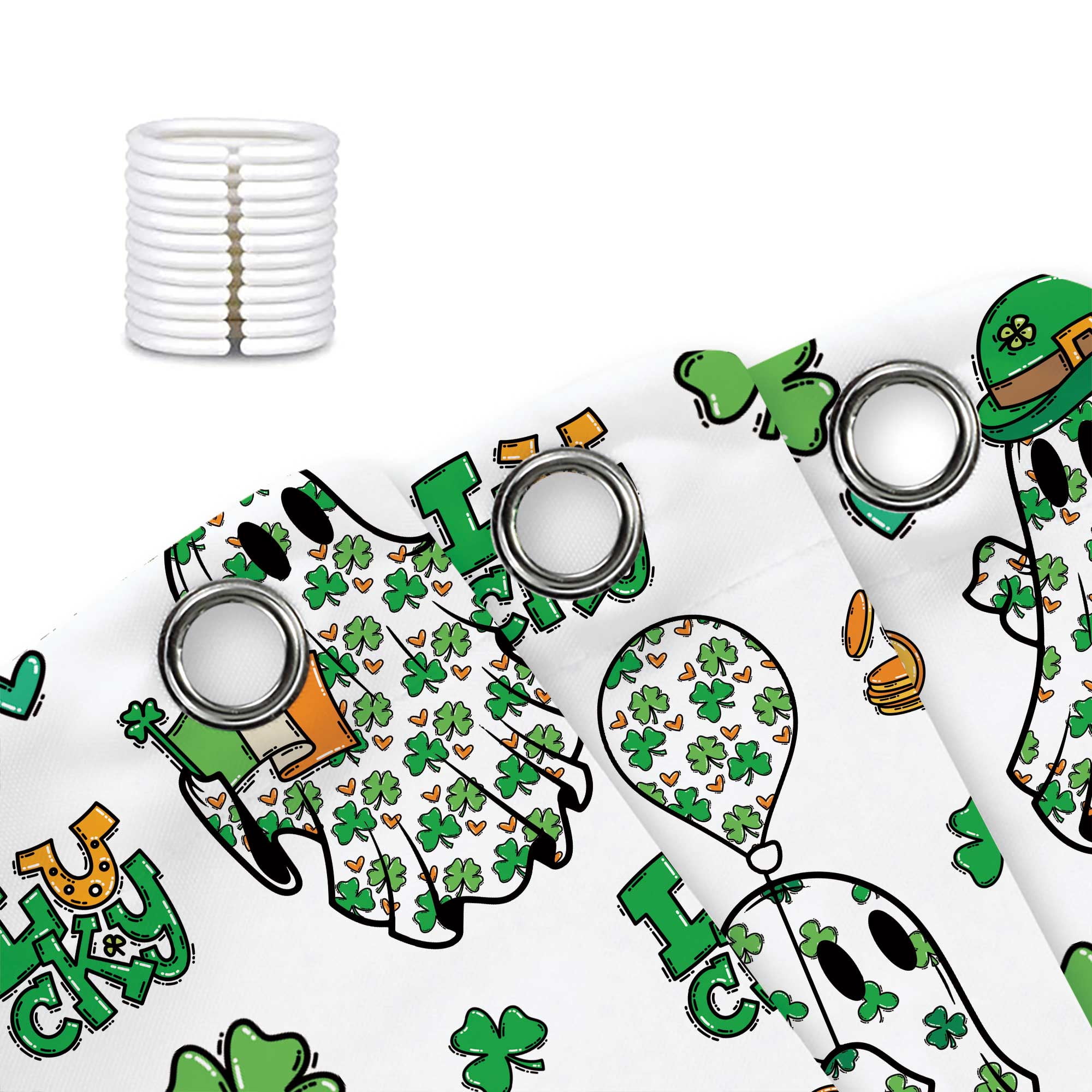 St. Patrick's Day Shower Curtain, Cute Ghost Green Luck Clover Balloon Elf Shower Curtain Sets, Festival Spring Party Waterproof Fabric Bathtub Curtain with Hooks, 72X72in