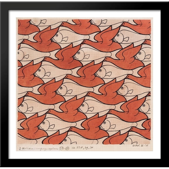 Bird Fish 28x28 Large Black Wood Framed Print Art by M.C. Escher