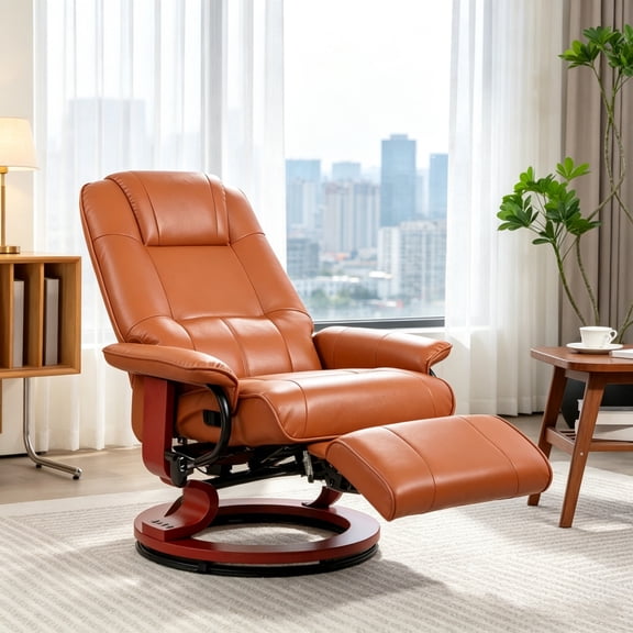 Swivel Recliner Chair with Footrest And Armrest Wood Base Comfortable Living Room Recliner, Light Brown