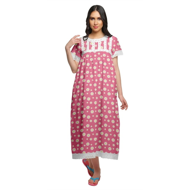 Moomaya Robe de Nuit Maxi pour Femmes en Coton Imprimé à Bordure Volantée