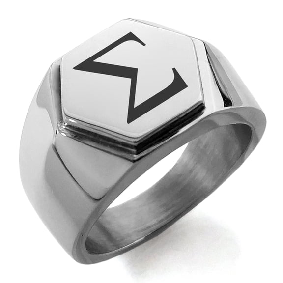 Tioneer Stainless Steel Sigma Mathematical Engraved Hexagon Crest Flat Top Biker Style Polished Ring