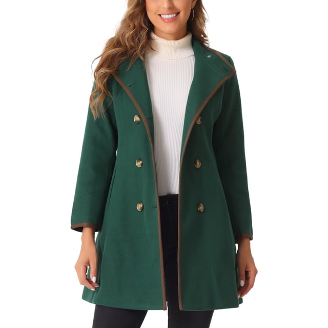 Abrigo largo de invierno de doble botonadura para mujer con cuello alto y mangas largas en verde oscuro M