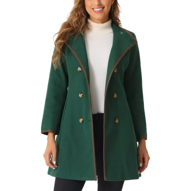 Abrigo largo de invierno de doble botonadura para mujer con cuello alto y mangas largas en verde oscuro