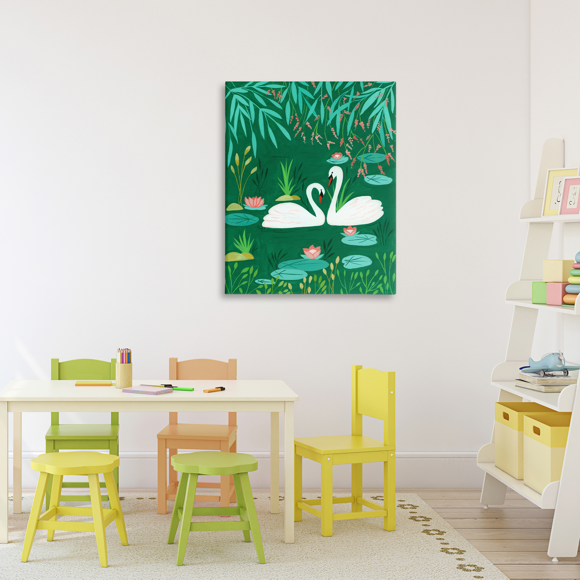 Swan Pair on Green Pond Canvas Wall Art, design by Nabeela Rumi