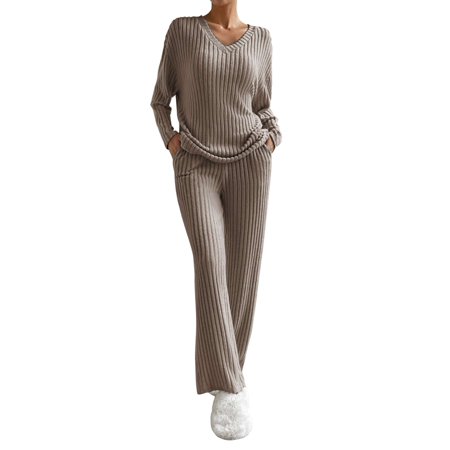 PULLIMORE Women s Knit Pajama Set - Soft Long Sleeve Top & Pants Khaki Size XXL