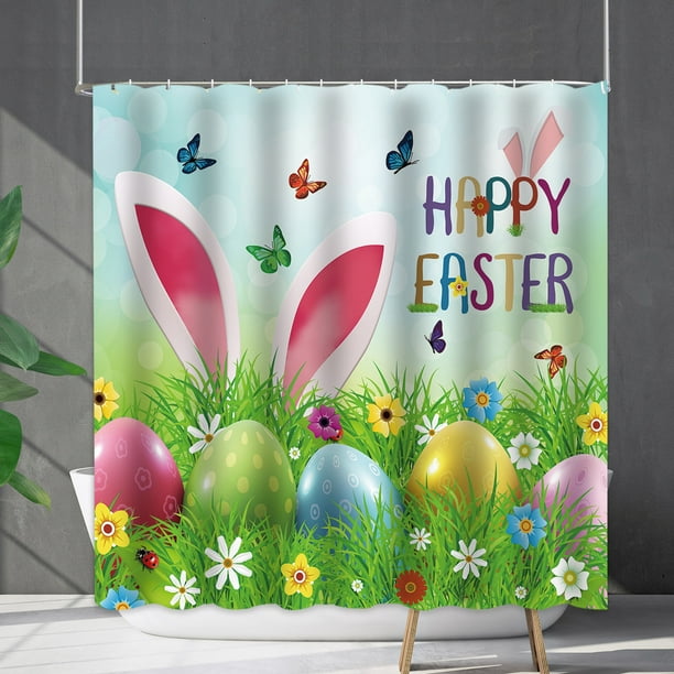 Cortina de ducha con decoración de Pascua, tela divisoria para baño, impresión digital, impermeable, con ganchos, de nailon y elastano.