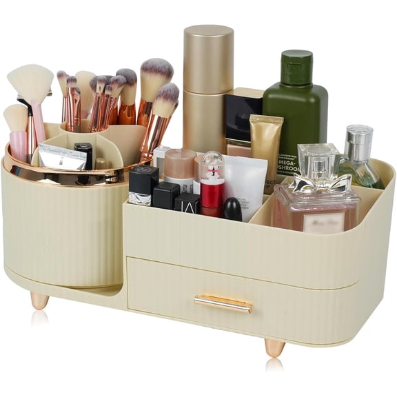 Jinanda Makeup Organizer Countertop with Drawer 360 Rotating Brush Holder Storage Large Capacity Skincare Cosmetic Display Cases for Vanity Bathroom Desktop, Model 3016 Green