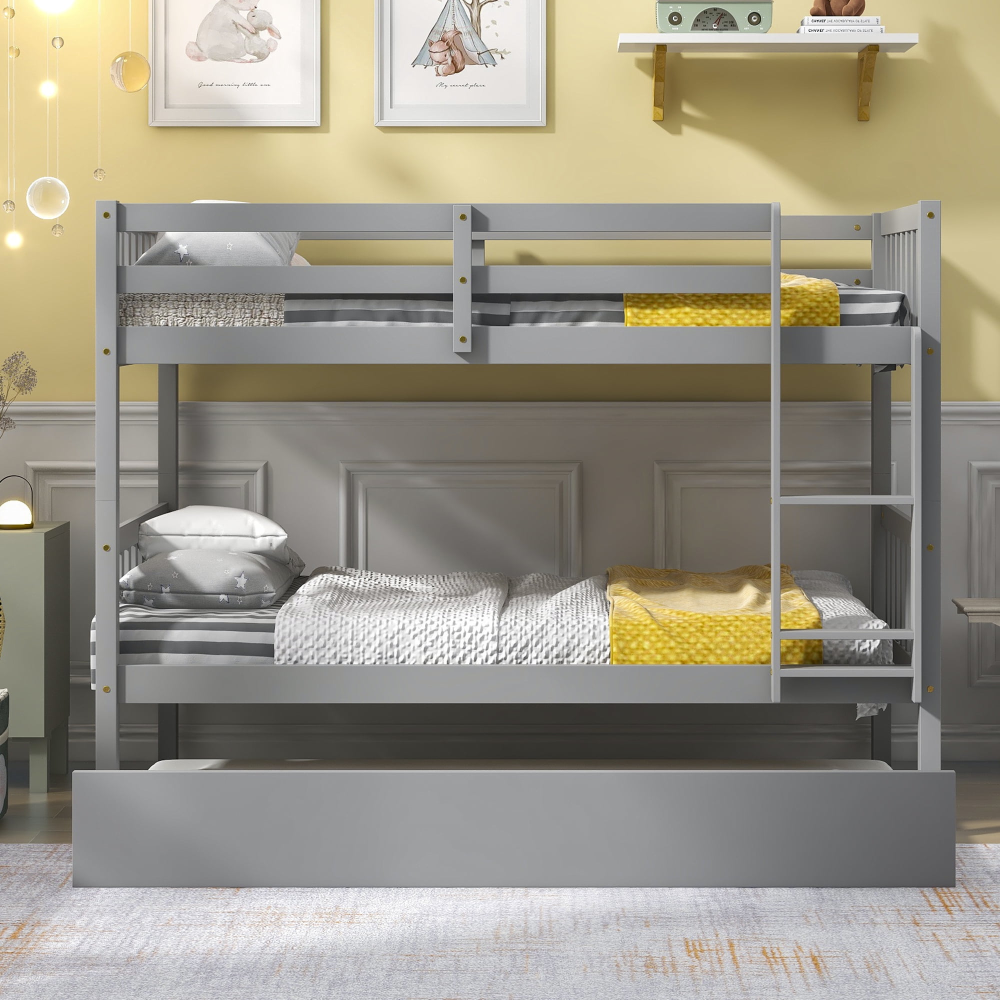 Aukfa Twin over Twin Bunk Bed with Trundle, Wooden Bunk Bed Frame for Kids - Gray