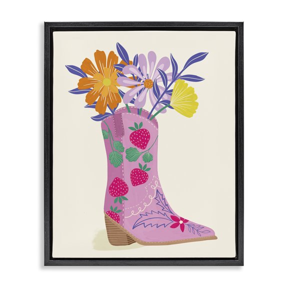 Stupell Industries Strawberry Patterned Floral Boots Plants & Flowers Painting Black Floater Framed Canvas Art Print Wall Art, 17 x 21