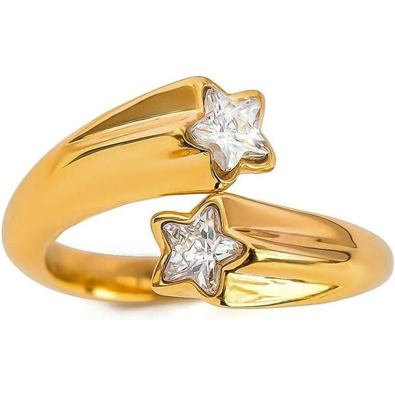 Double Star Ring for Women 18K Gold Plated Stainless Steel Cubic Zirconia Minimalist Band Engagement Wedding Jewelry Dainty Crystal Stackable Jewelry for Her Comfort Fit Size 7