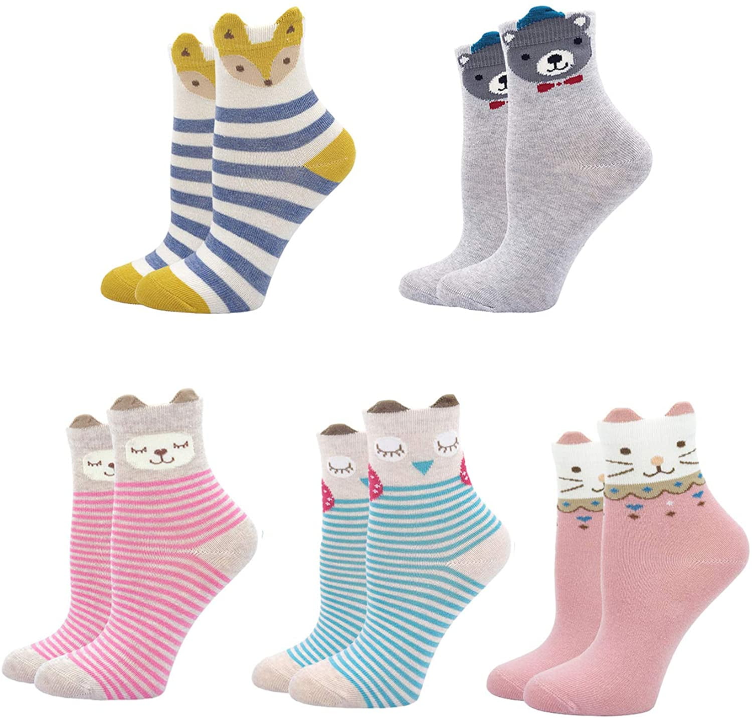 ZFSOCK Girls Socks Soft Cotton Ankle Socks for Kids Cute Animal Pattern Novelty Crew Socks for Toddler Girls 2-11 Years 5 Pairs