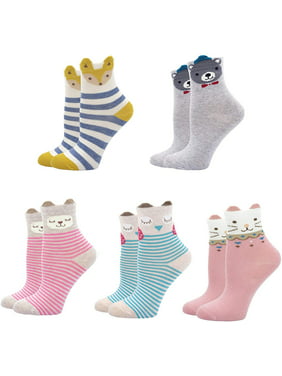 ZFSOCK Girls Socks Soft Cotton Ankle Socks for Kids Cute Animal Pattern Novelty Crew Socks for Toddler Girls 2-11 Years 5 Pairs