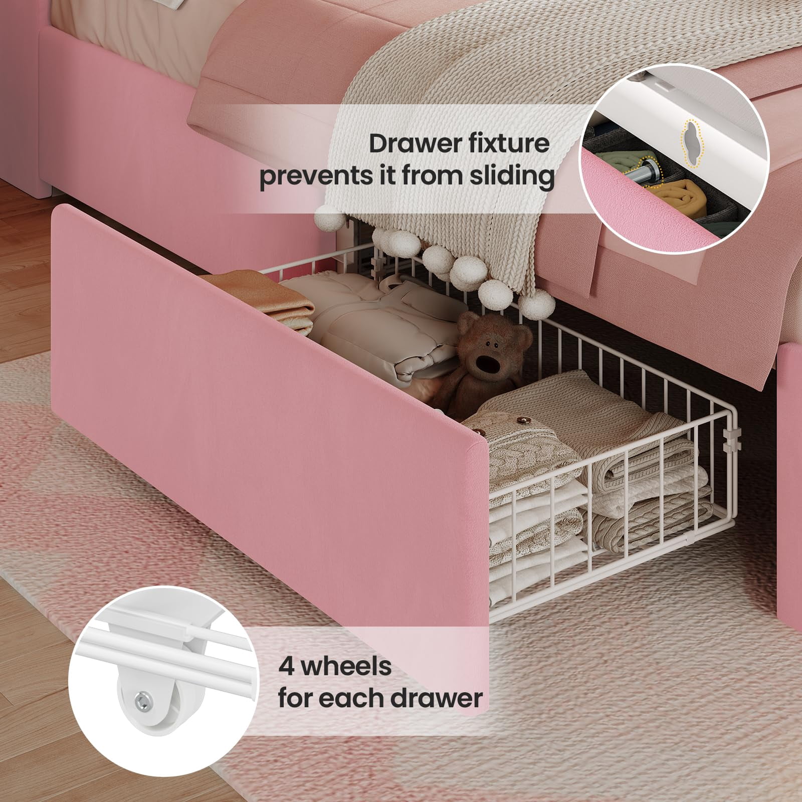 Afuhokles Full Size Bed Frame with LED Lights and 4 Drawers, Velvet Upholstered Platform Bed, Headboard with Charging Station and Crystal Button, Pink