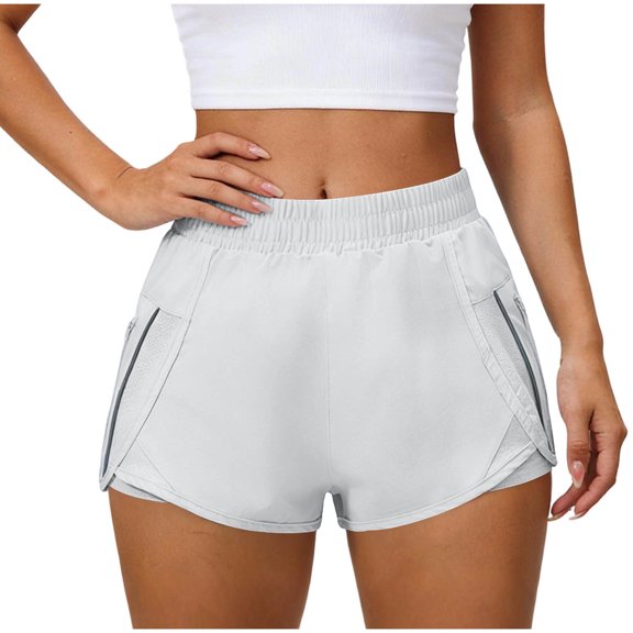 Hurxie Women's Running Shorts with Zipper Pockets, Mid-Waisted Quick Dry Athletic Workout Sport Short White,M