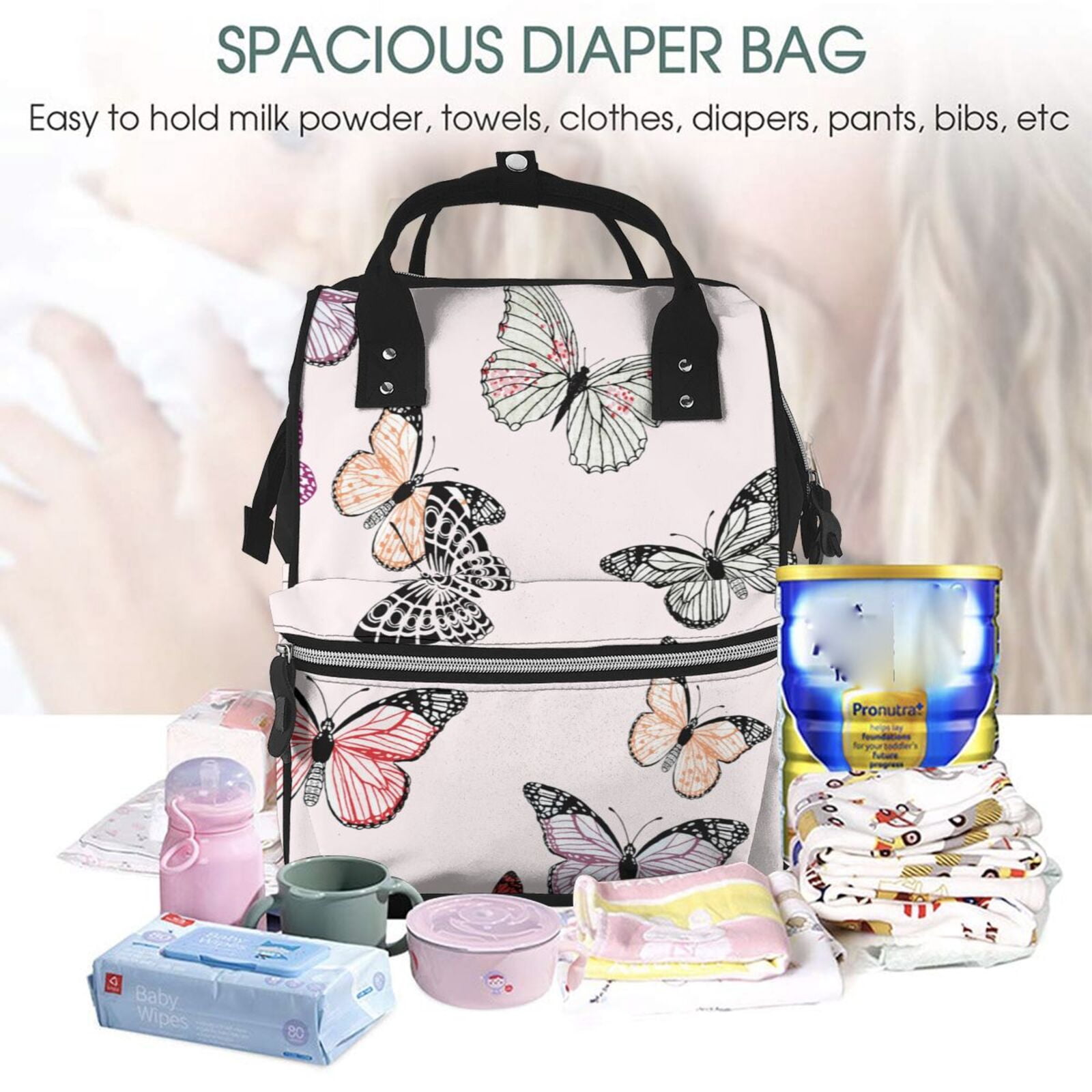 Ratiio Beautiful Butterfly Mummy Backpack - Waterproof Twill Canvas, Large Capacity Diaper Bag with Multiple Pockets and Adjustable Straps