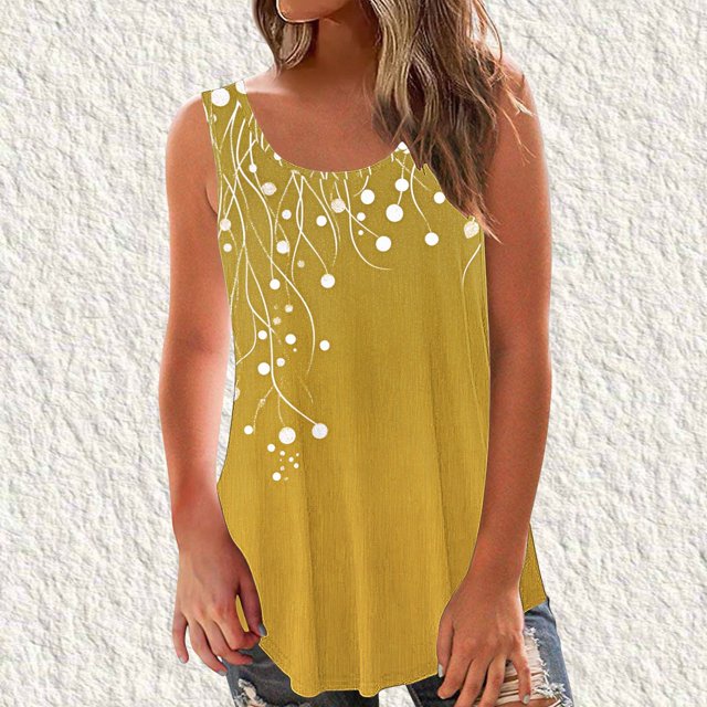 Sentmoon Tenues d'Été pour Femmes Débardeurs Col Rond pour Femmes Coupe Ample Imprimé Vignes Sans Manches T-Shirts Basiques Tendance 2025 pour Week-End Brunch Jaune TG