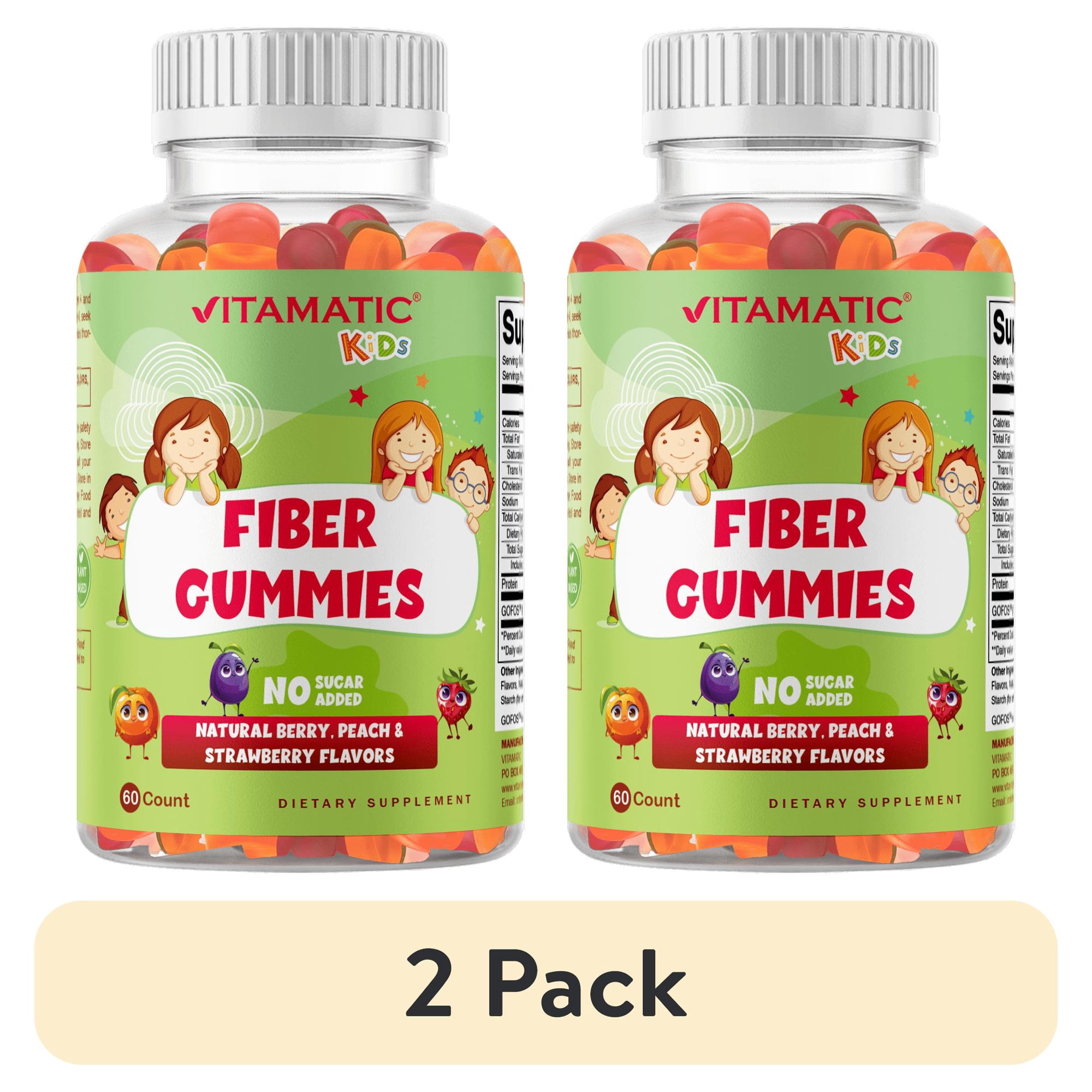 (2 pack) Vitamatic Kids Prebiotic Fiber Gummies for Adults - 4G Fiber Extra Strength - Zero Sugar Added - 60 Pectin Based Gummies - Digestive Health & Regularity Support