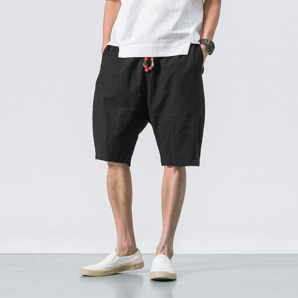 Black Cargo Shorts For Men Male Casual Pants Soild Loose Cotton Linen ...