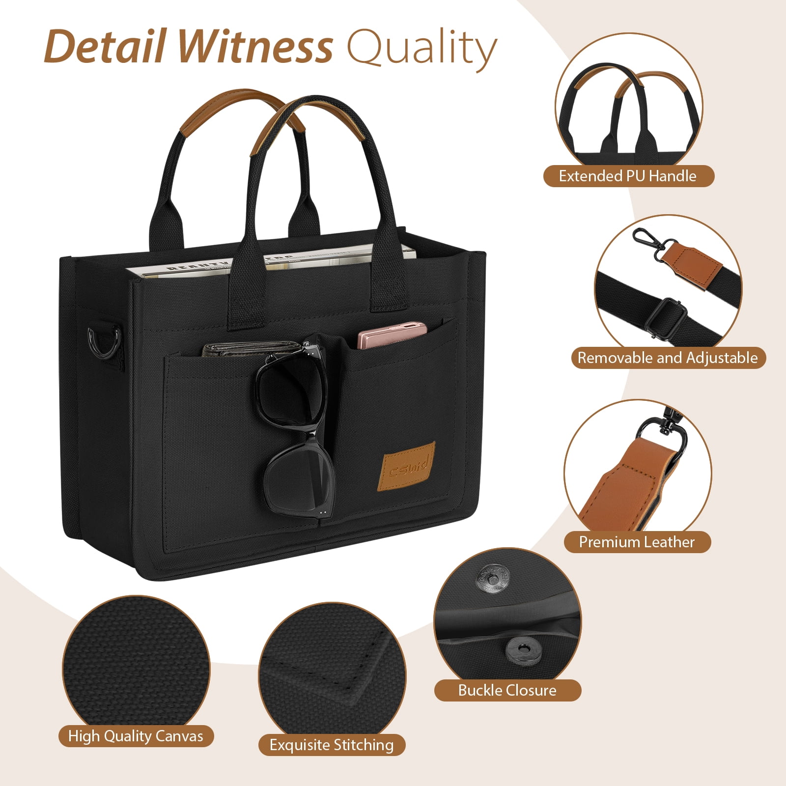 Cshidworld Canvas Tote Bag for Women With Pockets, Laptop Work Crossbody Everyday Satchel, Purses Everything Shoulder Tote Bag Everyday Satchel Handbags Messenger Gym Totes, Black