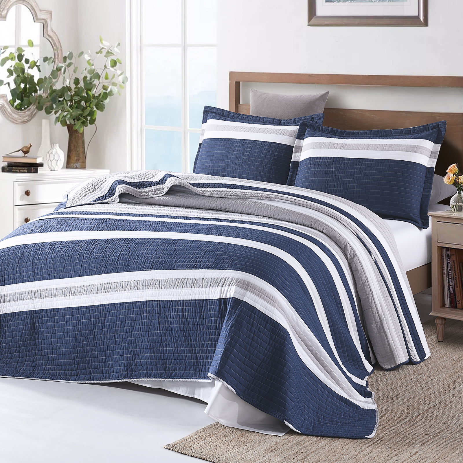 PANGUSHAN 100% Cotton Navy Blue Quilt King Size, King Quilt Bedding Set Quilted Bedspreads, Lightweight Reversible Striped Comforter for King Bed, All Season, Navy Blue, 3 Pieces