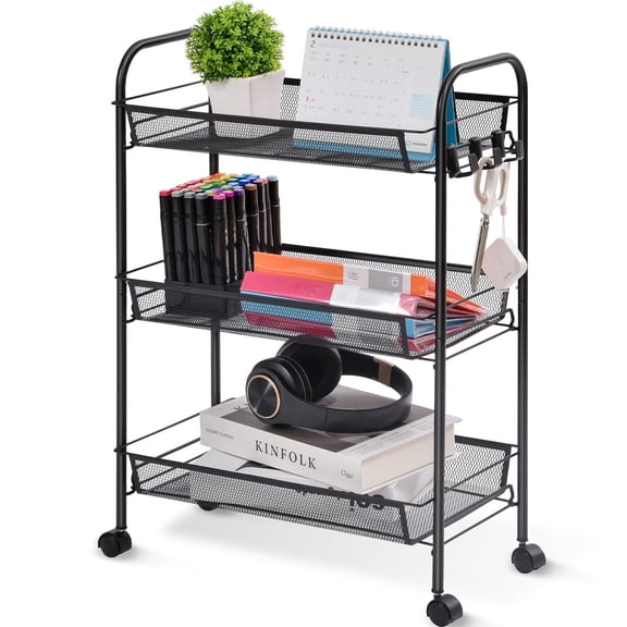 KK KINGRACK 3 Tier Rolling Cart Organizer, Mesh Cart with Wheels, Utility Cart for Office, School,Storage, Black