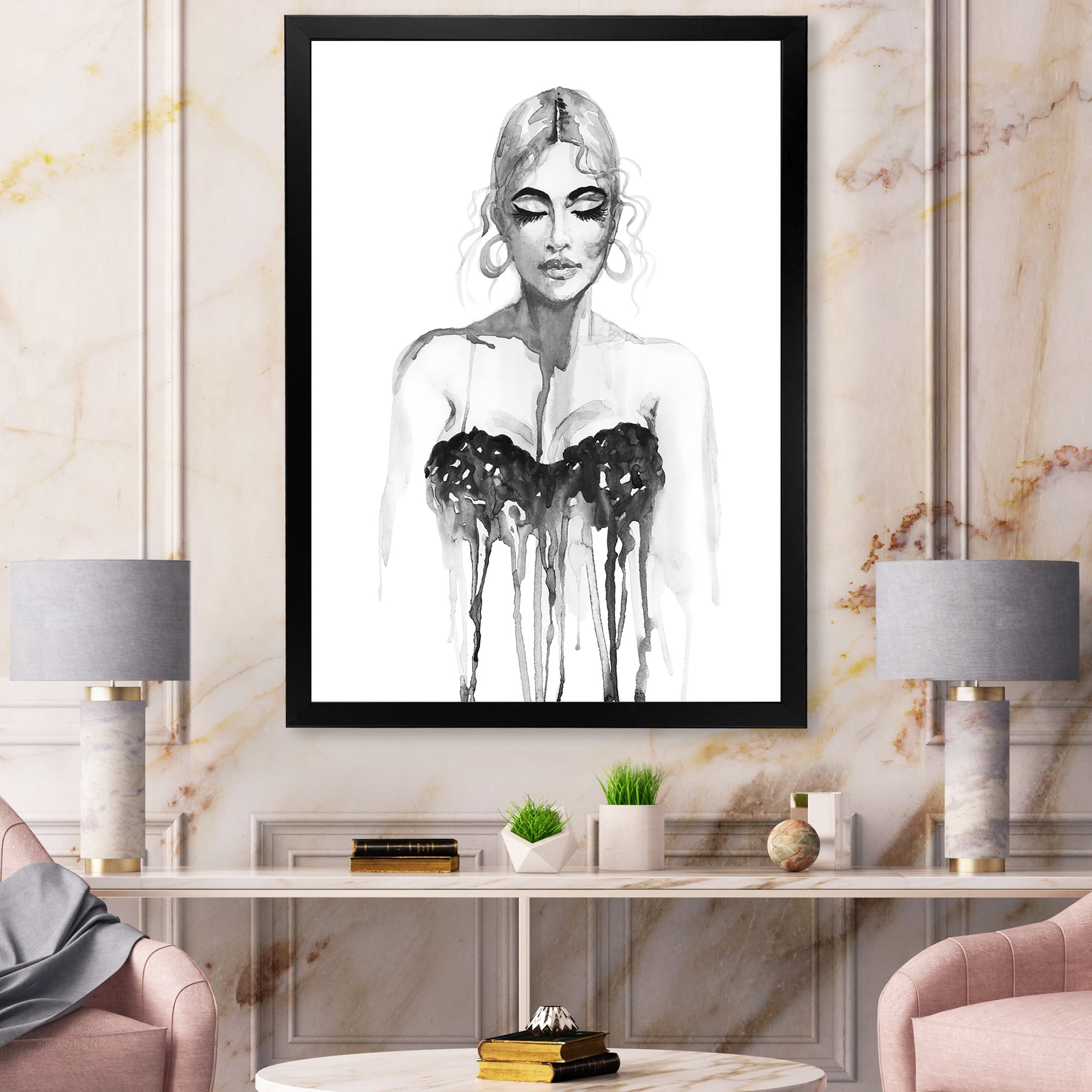 Black and White Portrait of Woman Wearing Evening Dress 30 in x 40 in Framed Painting Canvas Art Print, by Designart