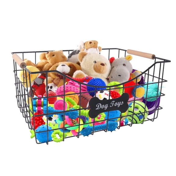 Brabtod Metal Wire Dog Toy Storage Basket - Rectangular Large-Capacity Organizer with Wooden Handles for Pet Toys, Treats, Leashes & Plushies