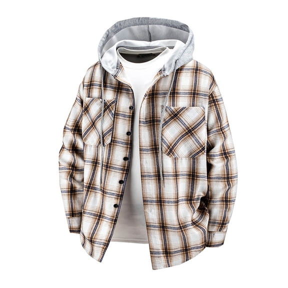 XUNKUSGA Hoodie Shirts for Men Casual Button Down Plaid Mens Shirts Long Sleeve Stylish Jackets for Men with Pocket Loose Relaxed Fit Men's Clothing S-4XL Yellow