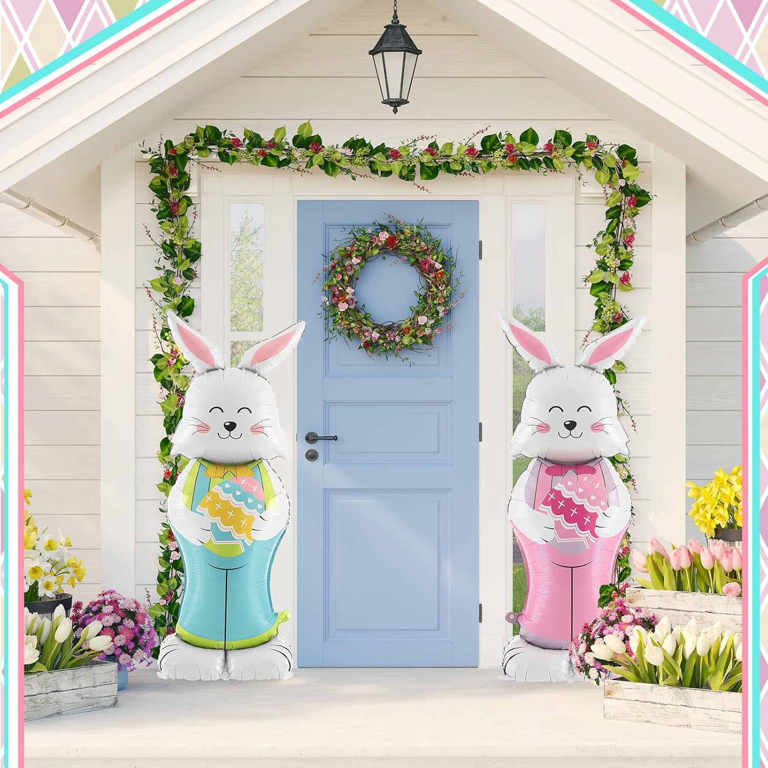 Easter Bunny Balloons, 2-Pack 59-Inch Large Rabbit-Shaped Foil Balloons With Base For Standing Display, Cartoon Bunny Decor For Easter Birthday Spring Party