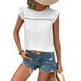 thumbnail image 2 of Women Summer Eyelet Tops Dressy Casual Crew Neck Ruffle Cap Sleeve Boho Shirts Lace Embroidered Blouses White L, 2 of 5