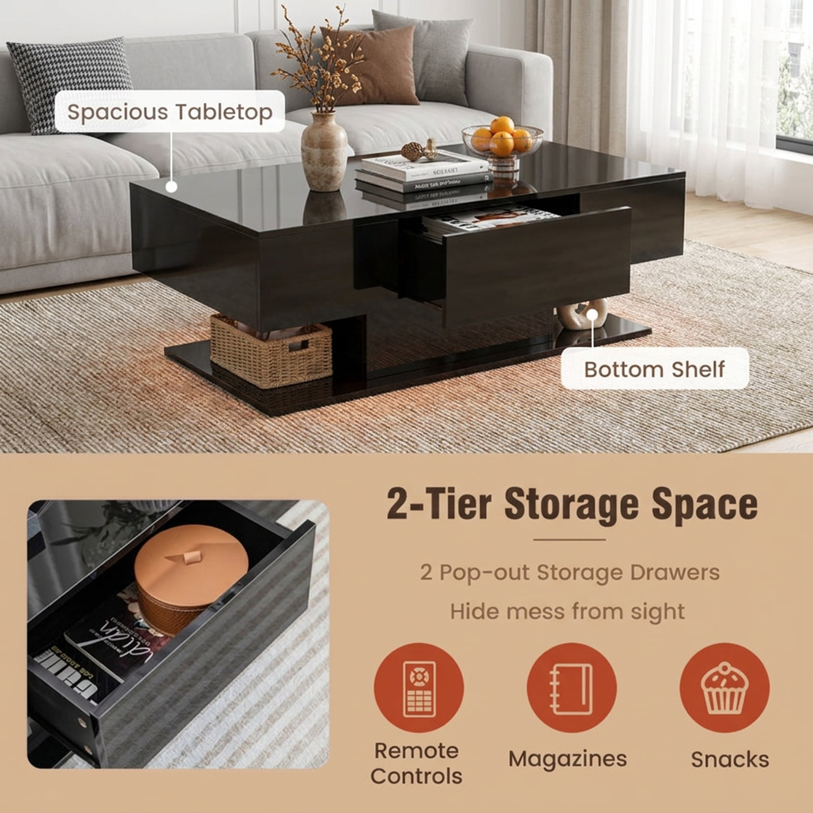 Furnibear Modern LED Coffee Table with 20 Color Lights and Remote Control for Living Room with 2 Storage Drawers and Open Shelf, Black