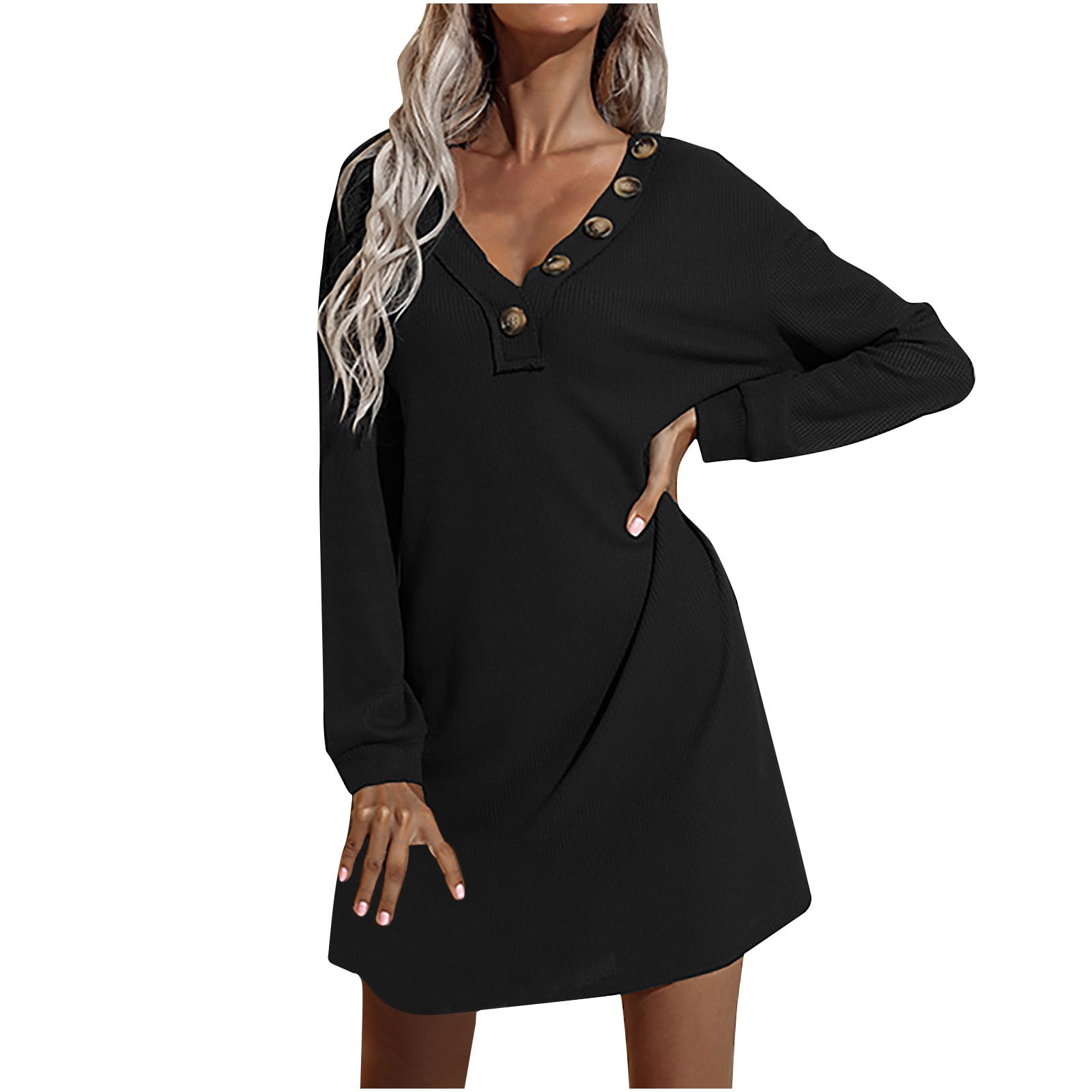 Women's Long Sleeve Knit Dress V Neck Button Solid Color Fall Winter  Dresses Casual Loose Comfy Shift Mini Dress