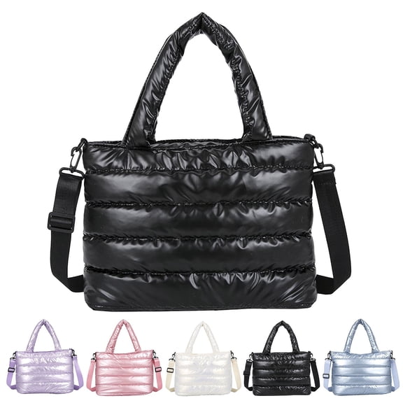 Stylago Quilted Puffy Tote Bag for Winter Women Shopping Shoulder Purses Zipper Closure Crossbody Bags with Detachable Strap Purple