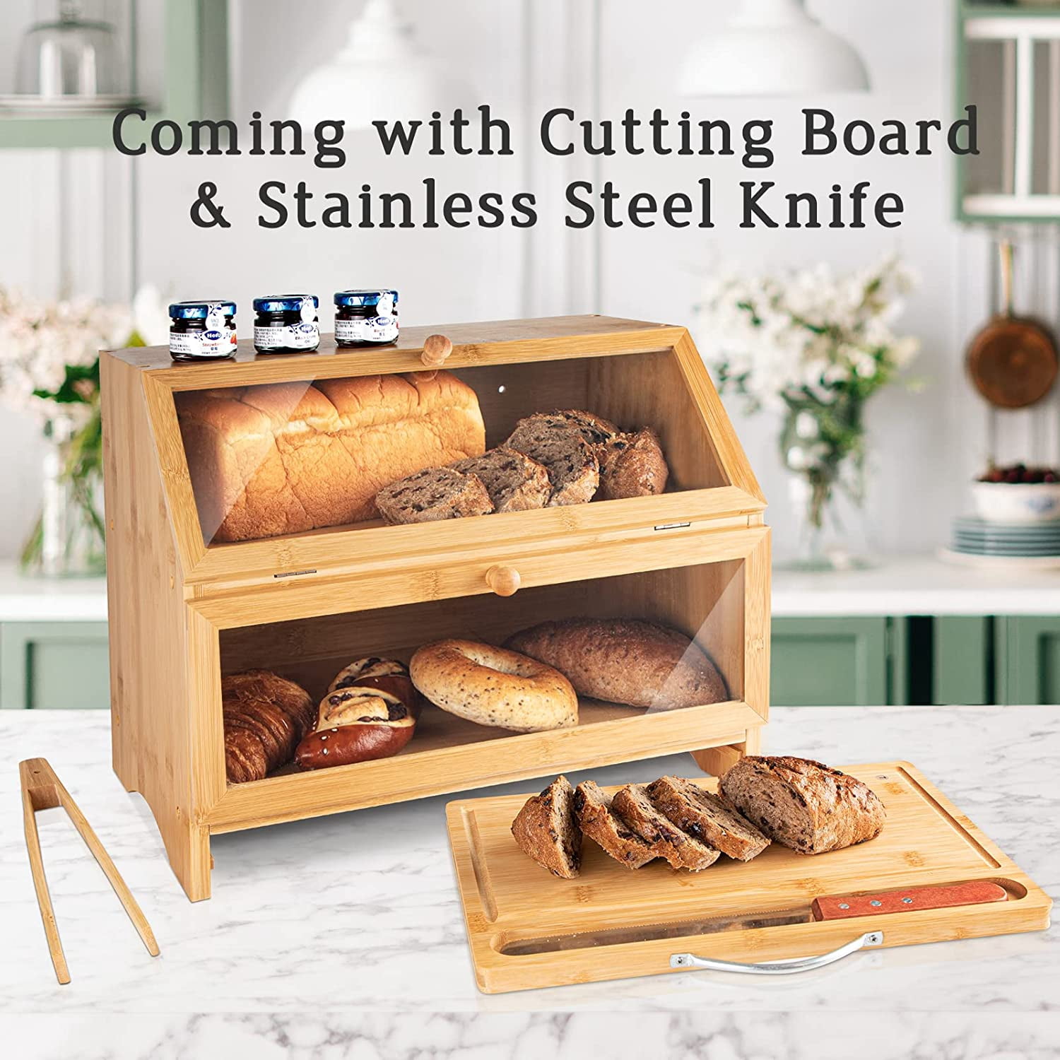 Double Layer Bamboo Bread Box for Kitchen Countertop, Cutting Board, and Stainless Steel Bread Knife, Large Capacity Storage Container with Clear Windows (Self-Assembly)