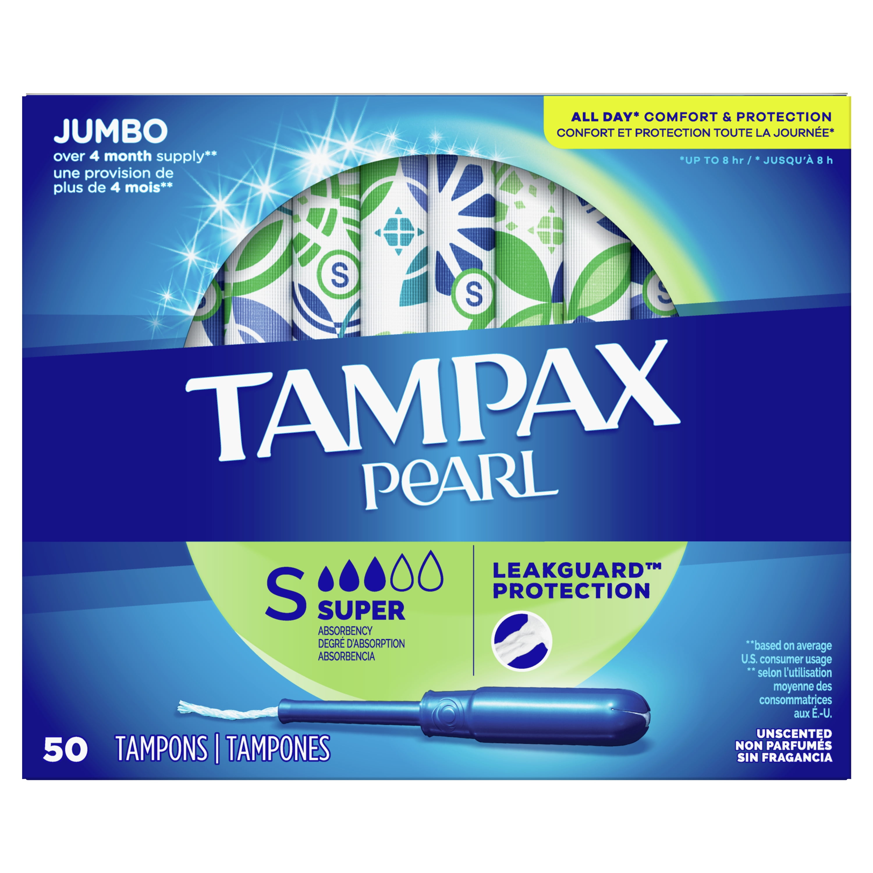 Tampax Pearl Super Absorbency Plastic Tampons, Unscented, 50 ct