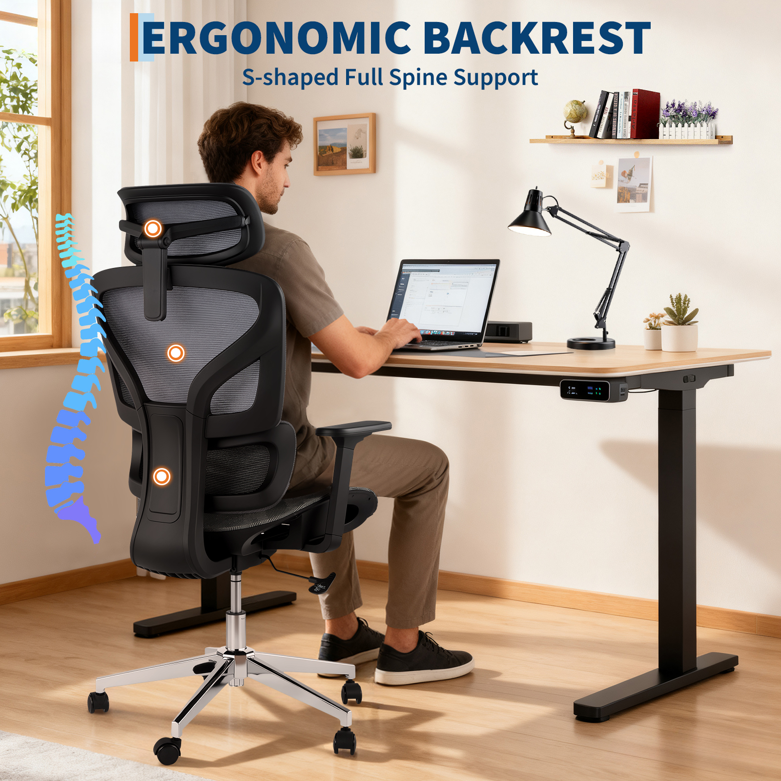 COZONY 47inch Ergonomic High Back Mesh Office Chair with 4D Armrests, Adjustable Lumbar, Seat Depth, 350 Lbs Capacity for Home Office, Gaming,Gray