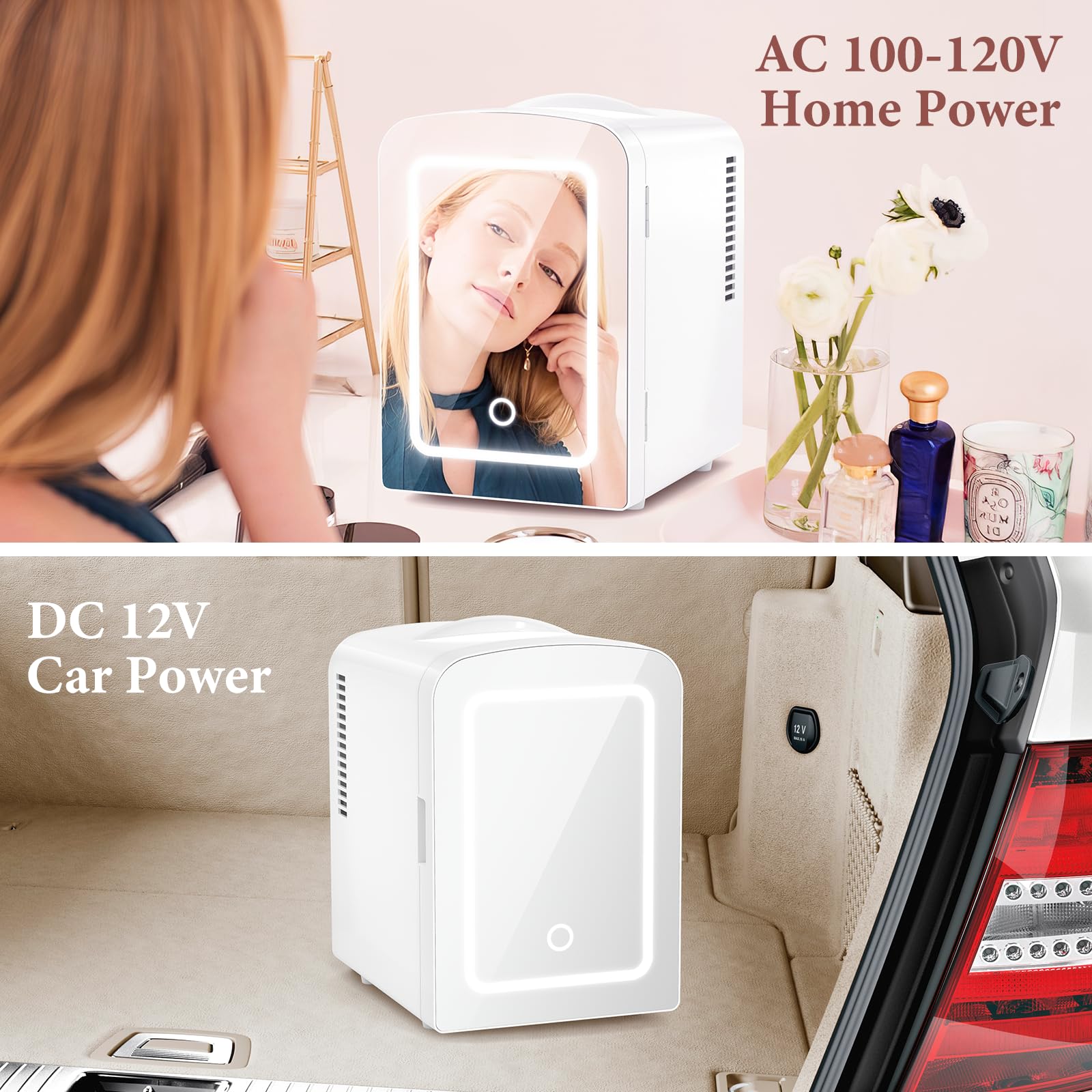 LHRIVER Mini Cooler with LED Mirror & Light, 4L Skincare Fridge, for Home Outlet & DC Charger