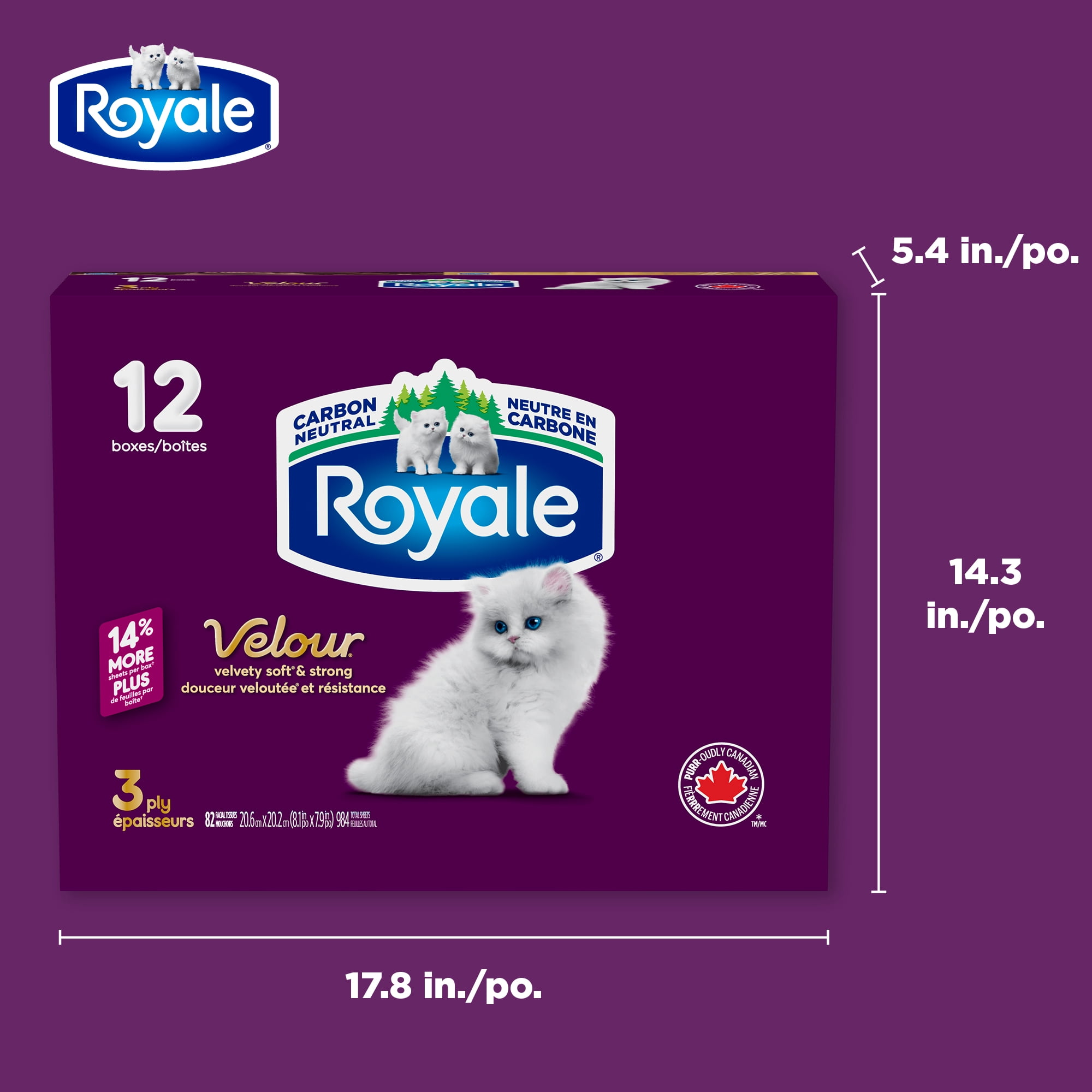 Royale Velour, 3 Ply Facial Tissue, 12 Flat Boxes, 82 Tissues per Box