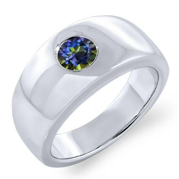 Gem Stone King 1.00 Ct Round Blue Mystic Topaz 925 Sterling Silver Men's Ring (Size 11)