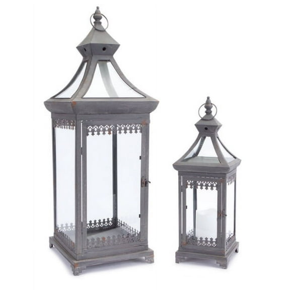 Melrose Set of 2 Brocade Bourgeoisie Weathered Metal and Glass Pillar Candle Holder Lanterns 29"