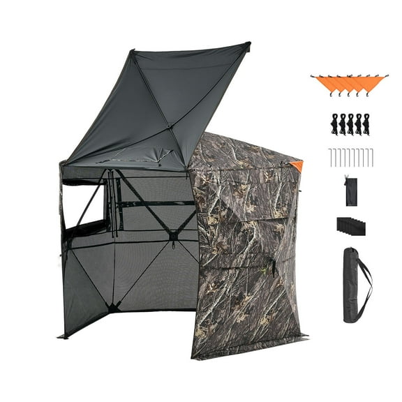 KFFKFF Hunting Blind for 6-7 People, 288-Degree View, 5-Sided See-Through Ground Shelter with Carrying Bag, Portable Camouflage Tent, Durable Concealed Design with Quiet Zipper Door and Windows
