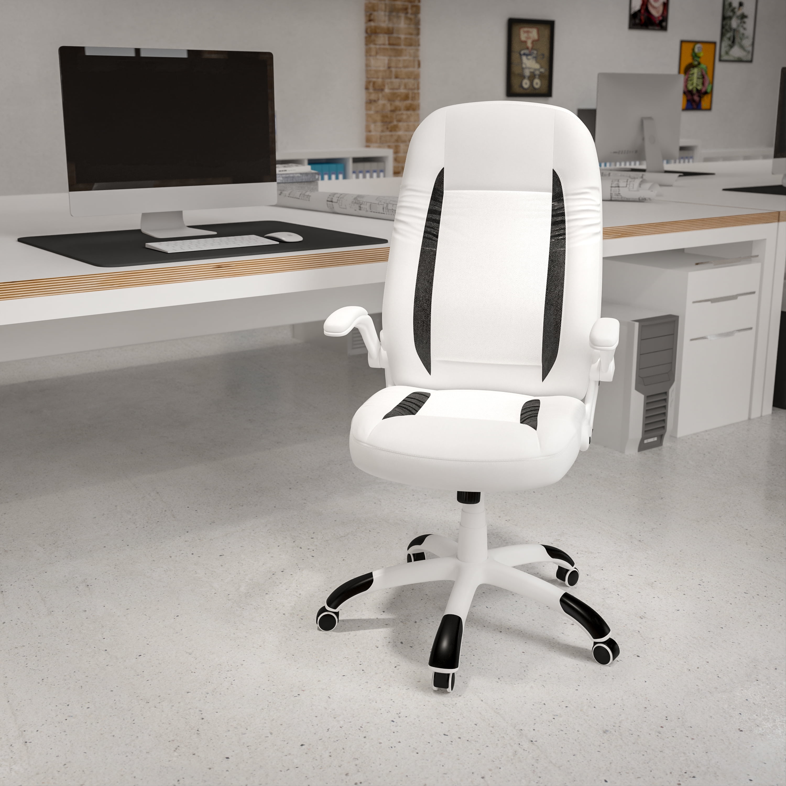 High Back White LeatherSoft Executive Ergonomic Office Chair FlipUp