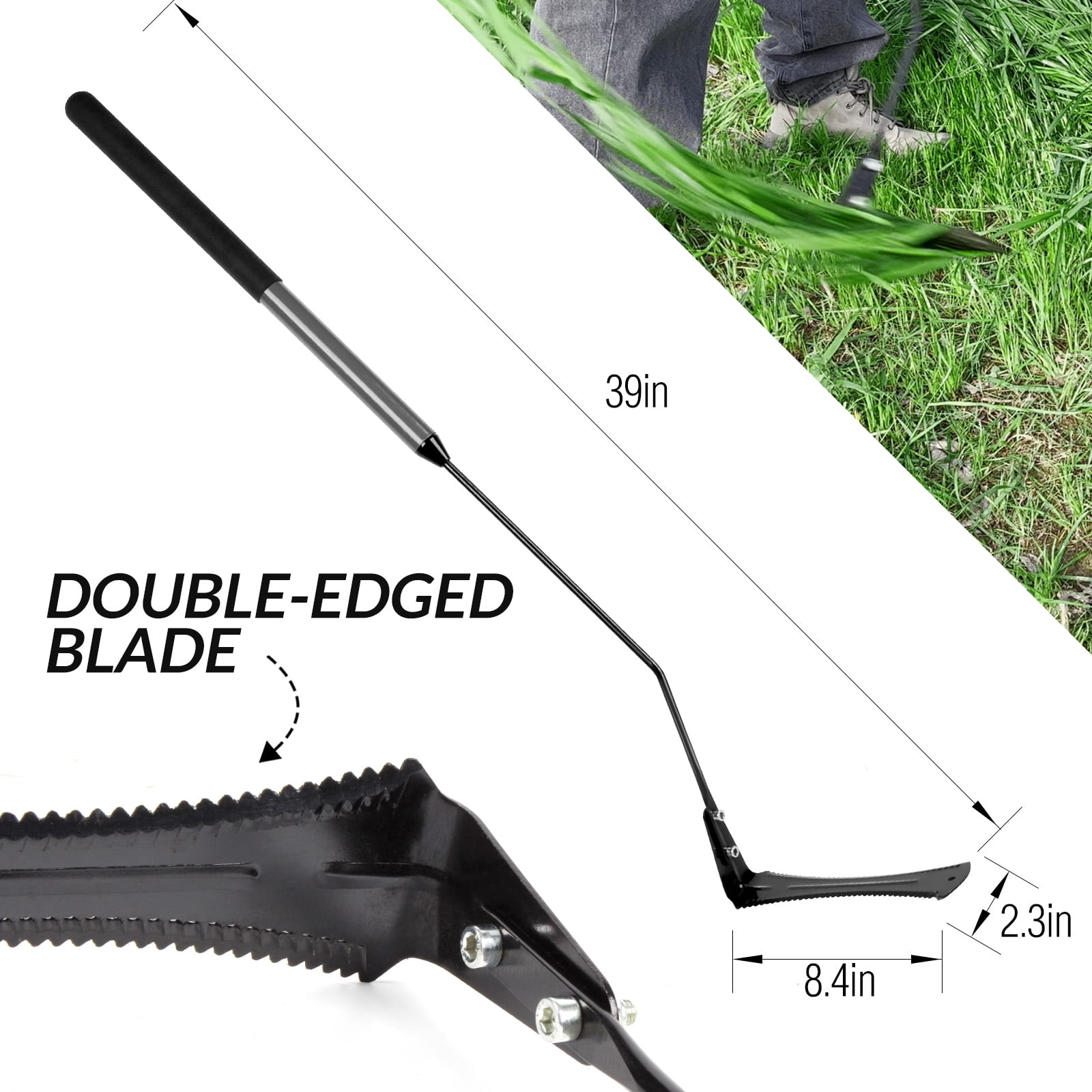 Walensee Grass Whip with Double-Edged Serrated Sharp Steel Blade Weed Grass Cutter with Soft Rubber 22-Inch Handle