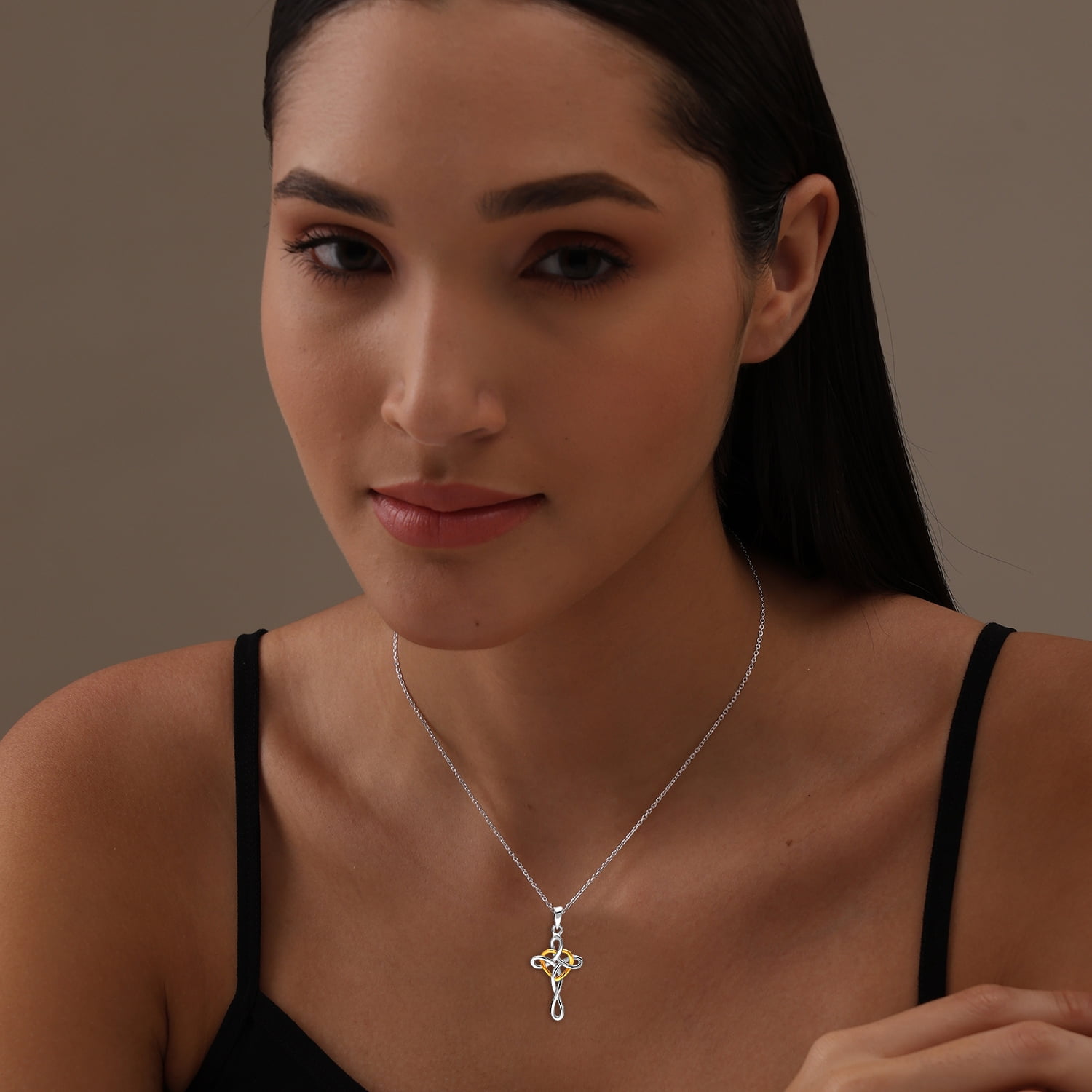 LeCalla Sterling Silver Two-Tone Celtic Knot Cross Pendant Necklace, 16+2 Inches (Women's)